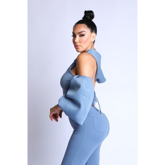 Women's Cold Shoulder Puff Sleeve Crop Top With Hoodie And Matching Pants Set - Picture 2 of 4